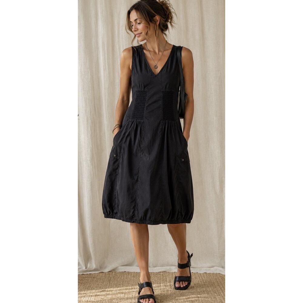 Wearables by XCVI Blk Slvls Bubble Hem Dress Smocked Waist Utility Pockets Small